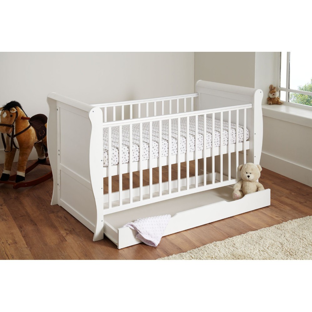 white sleigh cot bed with mattress