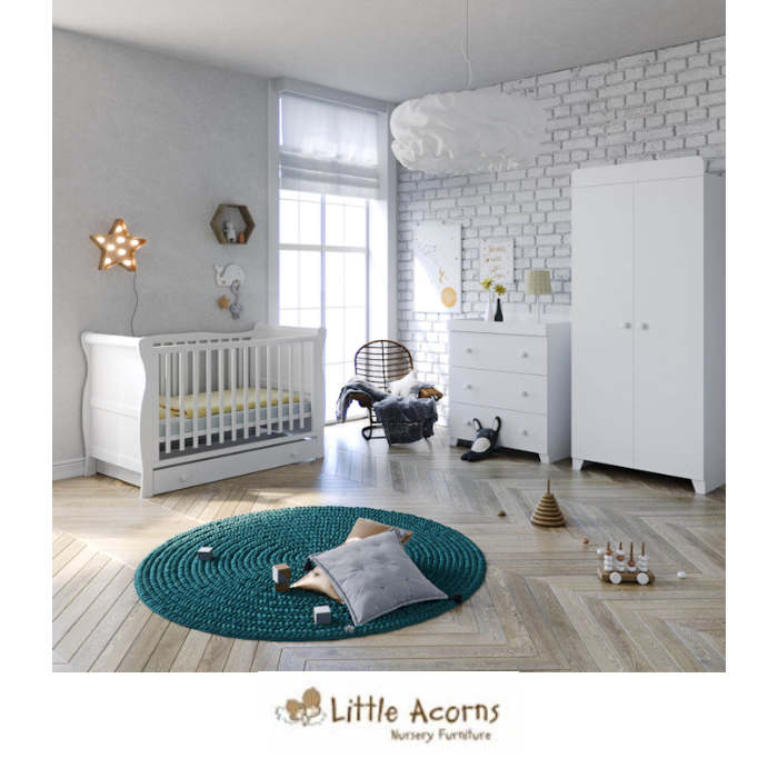 Little Acorns Sleigh Cot 6 Piece Nursery Furniture Set With Deluxe 4inch Foam Mattress - White