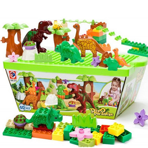 dinosaur assembling building blocks