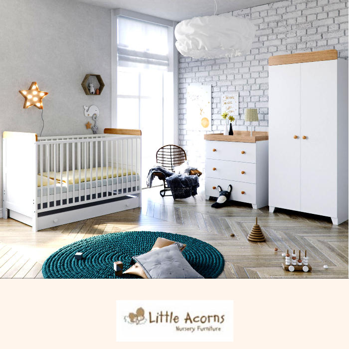 Little Acorns Classic Milano Cot Bed 6 Piece Nursery Furniture Set with Deluxe Foam Mattress