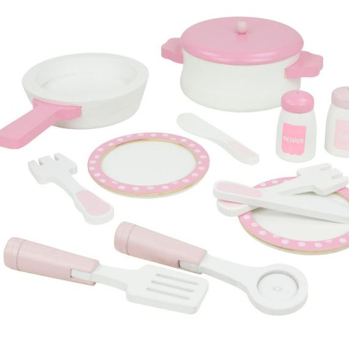 pink wooden cooking set