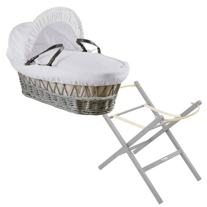 Clair de Lune Grey Wicker Moses Basket & Folding Stand Bundle