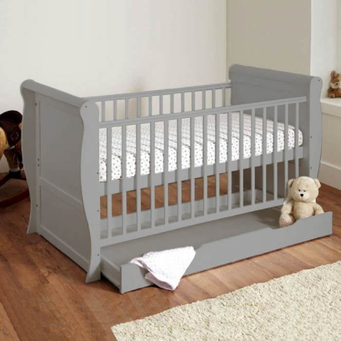 Kiddies Kingdom Sleigh Cot Bed With Underbed DrawerGrey
